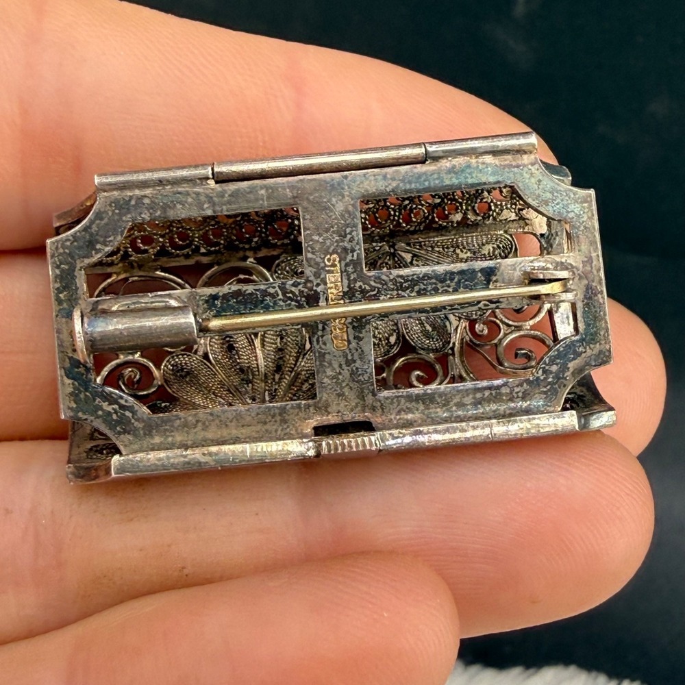 Vintage Sterling Silver Brooch Vinaigrette Japanese Export - Picture 6 of 13